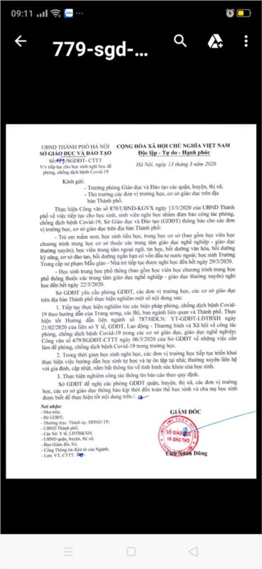 Công văn của SGD&ĐT Hà Nội về việc tiếp tục cho học sinh nghỉ học phòng dịch COVID-19, lần thứ 6.